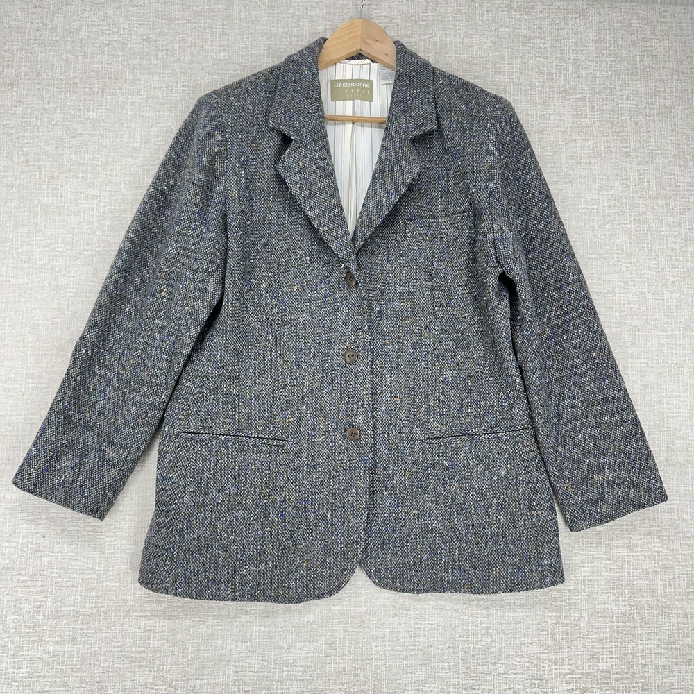 Liz Claiborne Blazer Jacket Womens Petite 12 Gray Wool Blend Tweed 3 Button